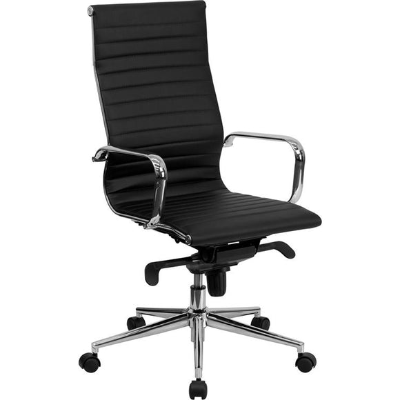 High Back Ribbed LeatherSoft Executive Swivel Office Chair with Knee-Tilt Control and Arms