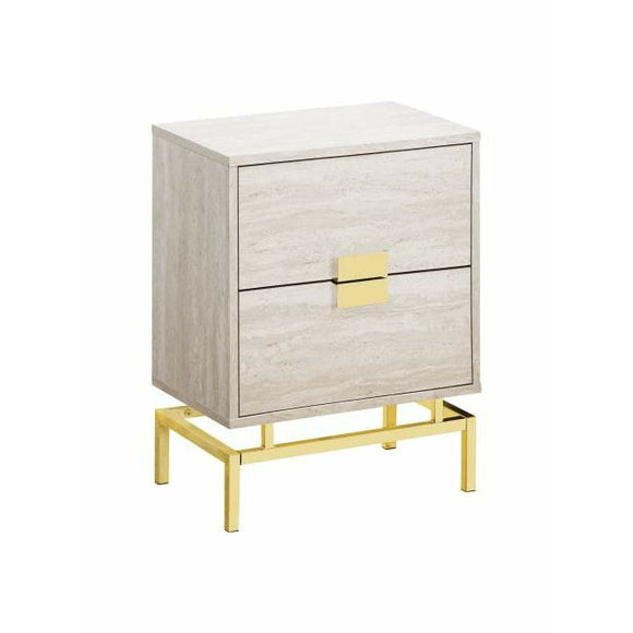 (Scratch and Dent) Monarch Specialties Retro 2-Drawer Accent Table, Rectangular, Beige Marble/Gold