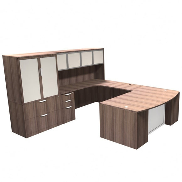 Empresario Executive U-Shape Bow Front Desk With Glass Door Hutch & Extra Filing Storage