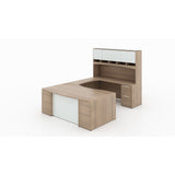Chiarezza Bow Front Executive U-Shaped Desk with Overhead Hutch and White Glass Accents