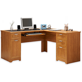 (Scratch and Dent) L-Shaped Outlet Desk, 60"wide x 60"deep x 30"high, Realspace Magellan Collection, Honey Maple