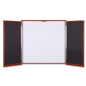 Lorell Presentation Cabinet, 47.3" x 4.8" x 47.3", Drywipe Whiteboard, Hinged Door, Cherry