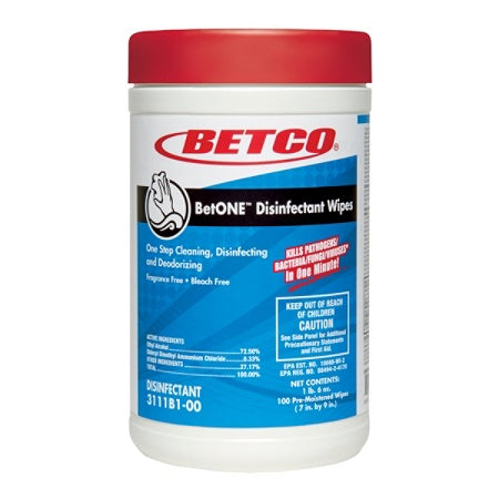 Betco Outlet BetONE Disinfectant Wipes, 22 Oz, 100 Wipes Per Canister, Case Of 12 Canisters