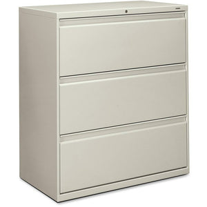 HON Outlet 800 36"W Metal Lateral 3-Drawer File Cabinet With Lock, Light Gray