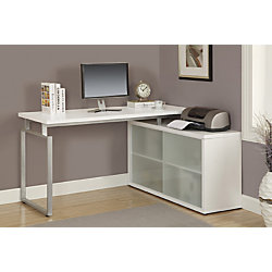 Monarch Specialties L-Shaped Computer Desk With Frosted Glass Doors, White