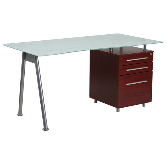 Flash Furniture Outlet Contemporary Glass Computer Desk with 3-Drawer Pedestal, Frost/Mahogany