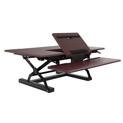 Loctek Outlet P-Series Sit-Stand Riser With Drop-Down Keyboard Tray, Mahogany