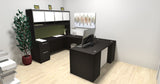 Chiarezza Executive U-Shaped Desk with Overhead Hutch and White Glass Accents