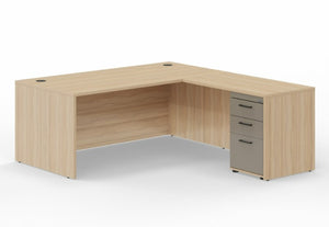 Leah Executive L-Shaped Desk with Locking Box/Box/File Pedestal Drawers, 71"Wide x 78"D, Amber Oak/Taupe