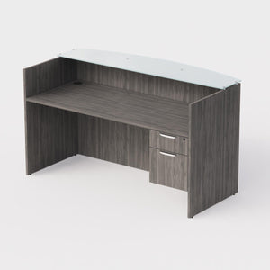 Sheridan Reception Desk with Ultra White Glass Floating Transaction Counter and locking Box/File Drawers 72"Wide x 36"D x 42"H, Stone Gray/White