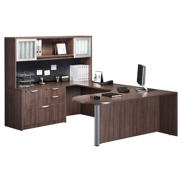 Empresario Executive Bullet U-Shaped Desk with Mixed File & Open Glass Door Hutch