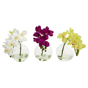 9” Phalaenopsis Orchid Artificial Arrangement in Vase, Set of 3