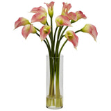 Mini Calla Lilly Silk Flower Arrangement in Glass Cylinder Vase