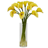Mini Calla Lilly Silk Flower Arrangement in Glass Cylinder Vase