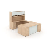 Chiarezza Bow Front Executive U-Shaped Desk with Overhead Hutch and White Glass Accents