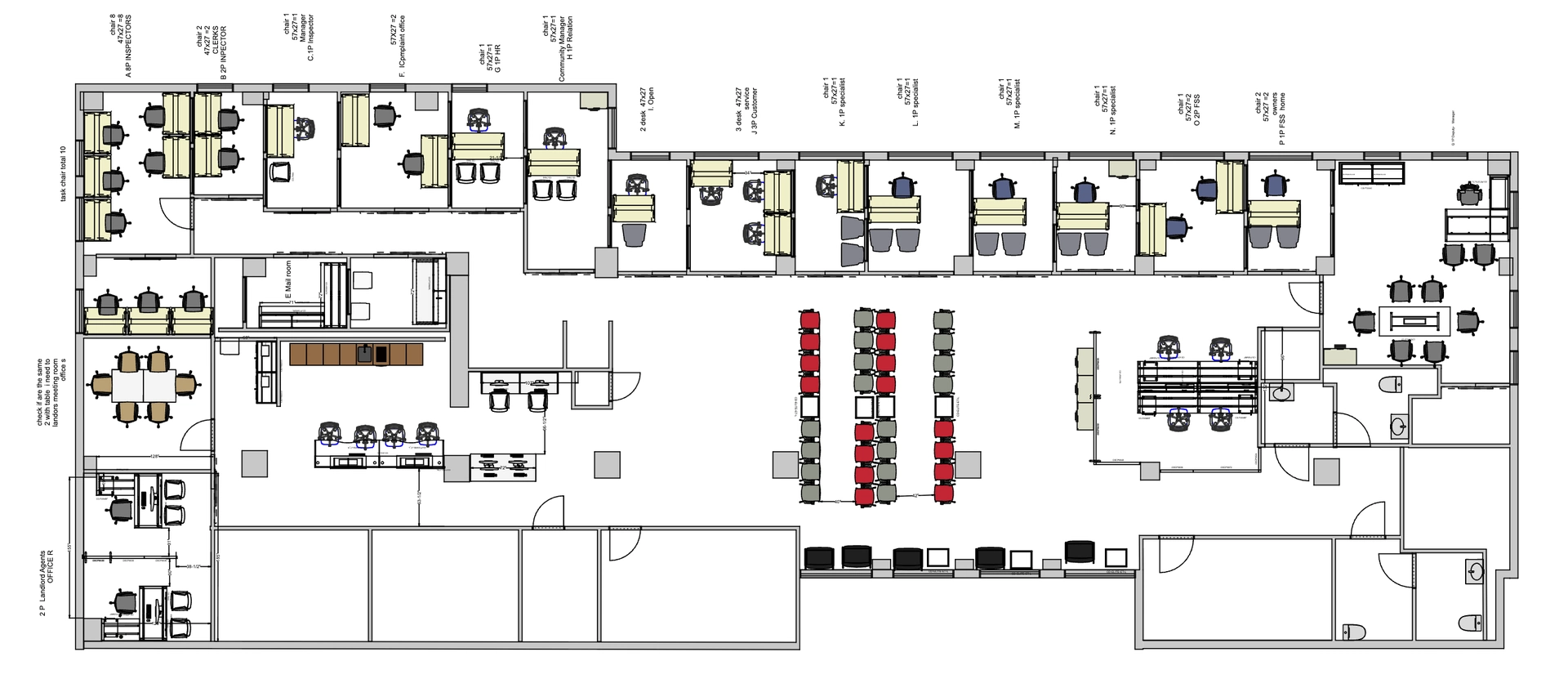 Dimensioned 2D floor plan of the office showing workstations, offices, reception and service areas