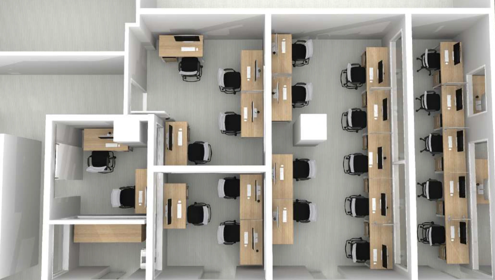 3D render of the planned open-plan workstation floor with wood desks and task chairs