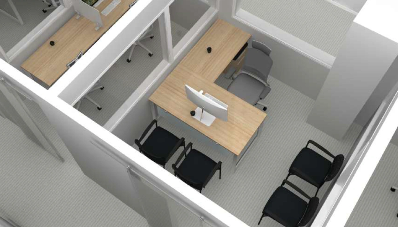 3D render of a private office with a wood desk and black guest chairs