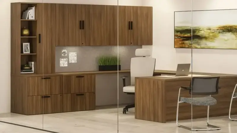 Private office behind glass walls with a wood desk, storage wall and guest chairs
